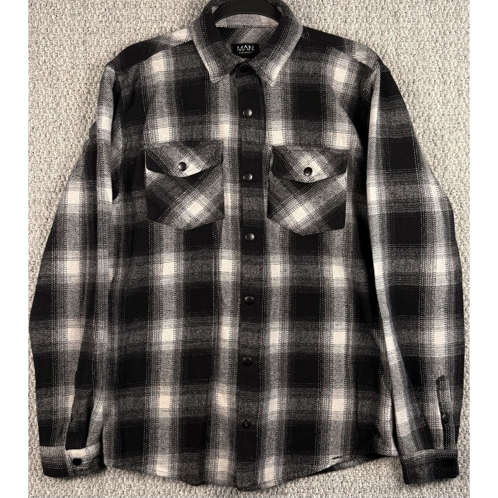 BoohooMAN Plaid Flannel Shacket Shirt Jacket Black White Snap Button Mens S